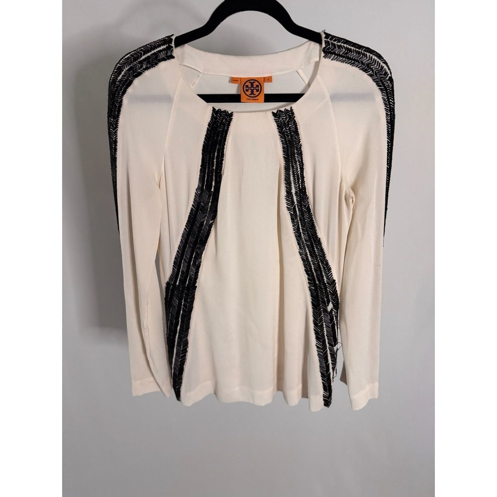 Tory Burch Ivory 100% Silk Beaded Long Sleeve Blouse Top Size 4 33101114